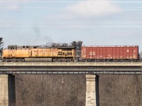 UP 5757 brings up the rear of 650 as it passes over the Humber River in Etobicoke, Ontario.
