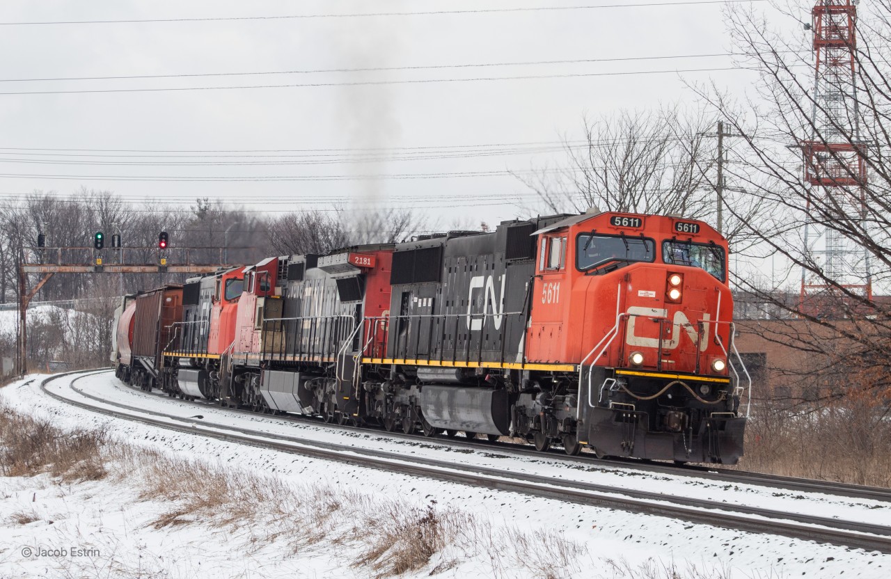 After a short crew change CN G874 throttles up and continues it's journey East on the CN York Subdivision.