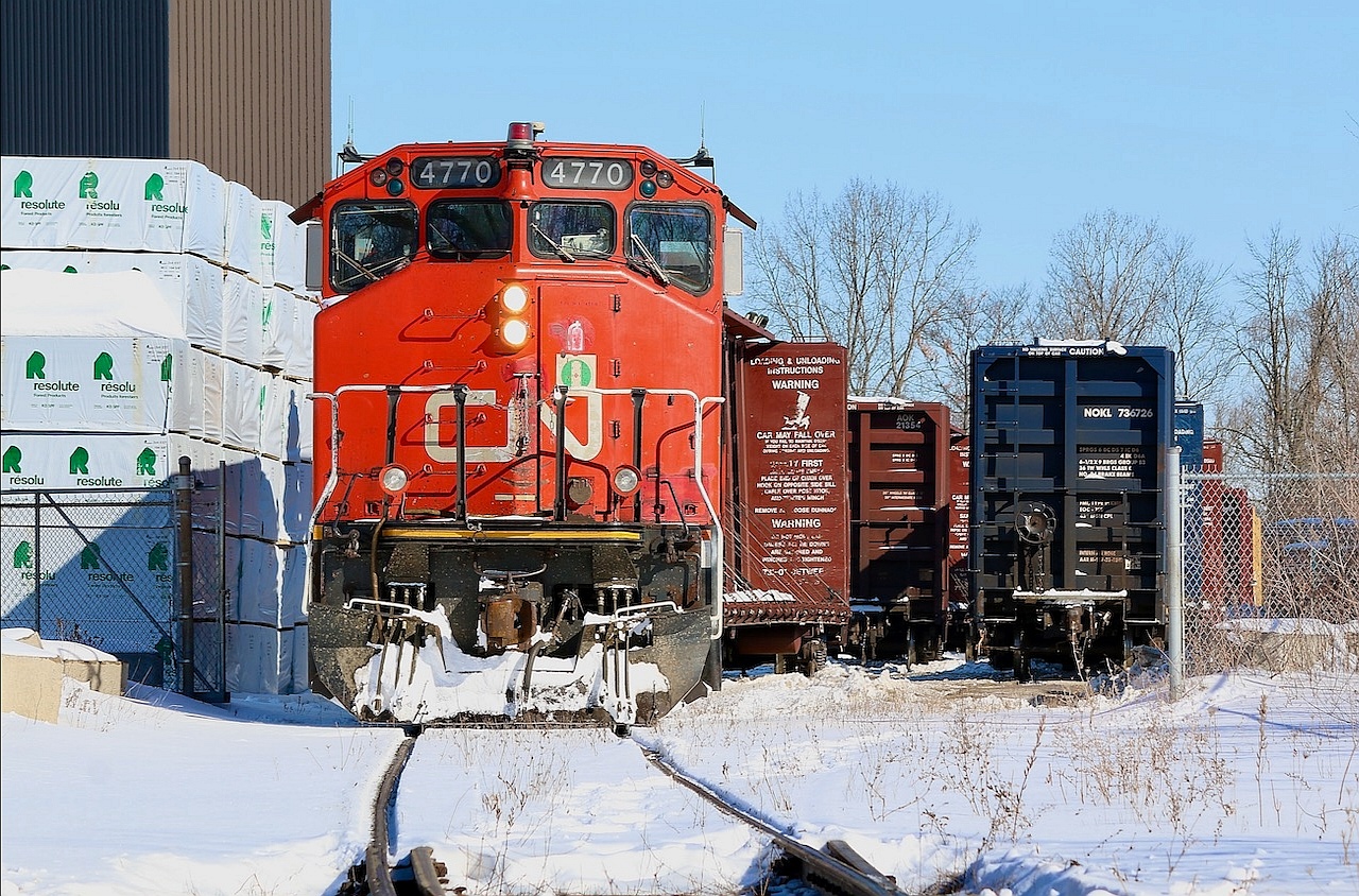It is hard to believe that Brantford was one of the most industrialized cities in Canada, served by three railways. Back in those days you couldn't even count all of the rail served industries on two hands, today you barely need one hand. Of the three railroads only one remains today, and the four lines that that ran through town are now down to two. CN today is the sole survivor and typically one set of four axle power does all of the cities switching. When needed the local heads down the Hagersville subdivision as far as Cainsville to serve a pair of industries, typically the job has one unit on either end of the train as there is no run around track. Rembos lumber is the last local Customer, and this day GP38 4770 headed to the industry to lift two cuts of empty lumber cars before dropping it's loads and then heading back to the main yard.