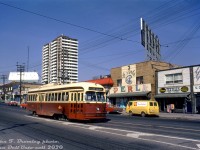 TTC 4769, one of the A14-class ex-Kansas City (Missouri) PCC's acquired secondhand, heads eastbound on St. Clair Avenue approaching Winona Drive in April of 1973, passing some storefronts including Coles (books) and La Perla (898 St. Clair Ave. W), Carmen Textiles, Darrigo's Food Market (behind the PCC), and a yellow Shell van (home heating fuels?). La Perla survived into the 2000's as a drapery store, before other uses took over the space. The store and that corner block at St. Clair & Alberta were demolished for redevelopment into condos a few years back (the 900 Saint Clair West development).
<br><br>
The ex-Kansas City PCC's (TTC A14-class 4750-4779, built by St. Louis Car Co. in 1946/47, acq. 1957) were the last PCC cars acquired by the TTC, but had suffered from lackluster maintenance at their previous owner. They ended up being the first of the secondhand cars to be retired or sold off. Most were resold to SEPTA (Philadelphia) and MUNI (San Francisco) later in the decade for continued service. Car 4769 became MUNI 1185, but reportedly never ran in service. One car sold to MUNI, car 1190 (ex-TTC 4752), managed to find its way back to Kansas City, and was restored and put on display as KCPS 551.
<br><br>
<i>John F. Bromley photo, Dan Dell'Unto collection slide.</i>