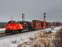 Painted to Honour our Veterans, CN ET44AC 3015 leads train Q119 west at Leaman, AB.