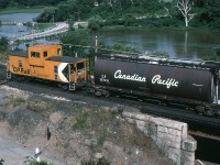 This is the Toronto-Hamilton main that is part of the wye junction called Bayview. This picture shows the caboose at the end of a Canadian Pacific westbound freight headed to Hamilton. Railroads were starting to eliminate cabooses in the United States at this time. Canadian railroads would do this very soon.