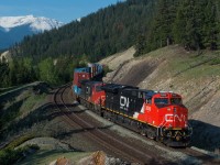 A perfect spring morning in Jasper sees a shiny clean CN 3056 making it's way east toward English. 