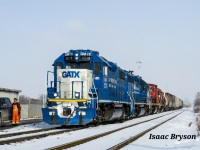 CN 568 is almost ready to depart west for New Hamburg and Shakespeare with a GMTX duo, CN GMD-1 1412, and CN GP9RM 4102. Since the time of this shot, CN 1412 has been taken back to Toronto MacMillan yard and retired. This particular train did not go to Stratford. Instead, the GMTX pair ran around their train in Shakespeare before heading back to Kitchener.