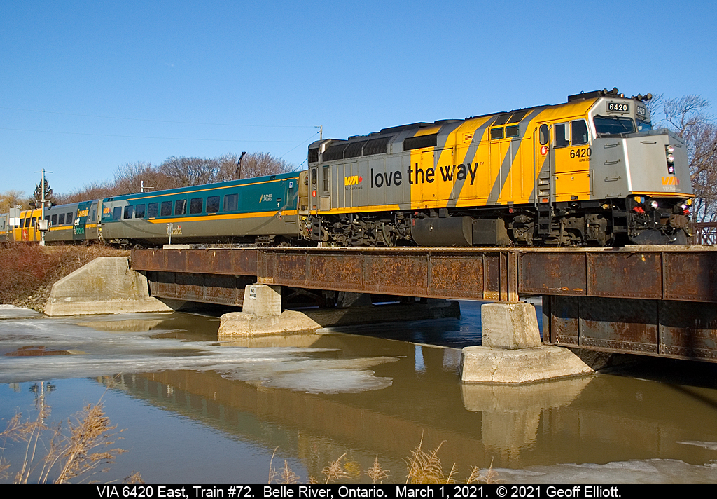 That's a wrap.....  Still not venturing too far from home until the Dr. gives me an "all good" so here is VIA F40PH-2 #6420, in it's "Love The Way" wrap, leading train #72 over Belle River for today March 1, 2020.