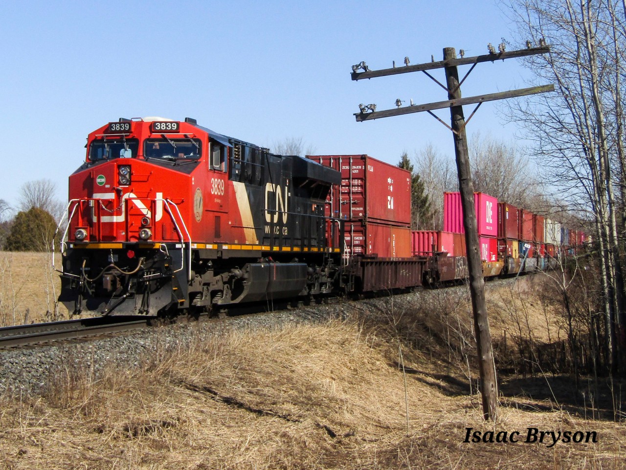 CN 101 flies northbound approaching Pine Orchard Ontario with CN 3839 Rear DPU pushing hard. It passes a telegraph pole, a once important railway artifact, now disappearing throughout Canada. This one is not in the greatest state, leaning nicely towards the train.