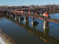 CN A401 trundles across the Grand River in Caledonia with CN 5261 leading the way.  The train was running later than usual which offered a seldom photographed Northbound run on the Hagersville Subdivision, a nice Saturday morning treat.