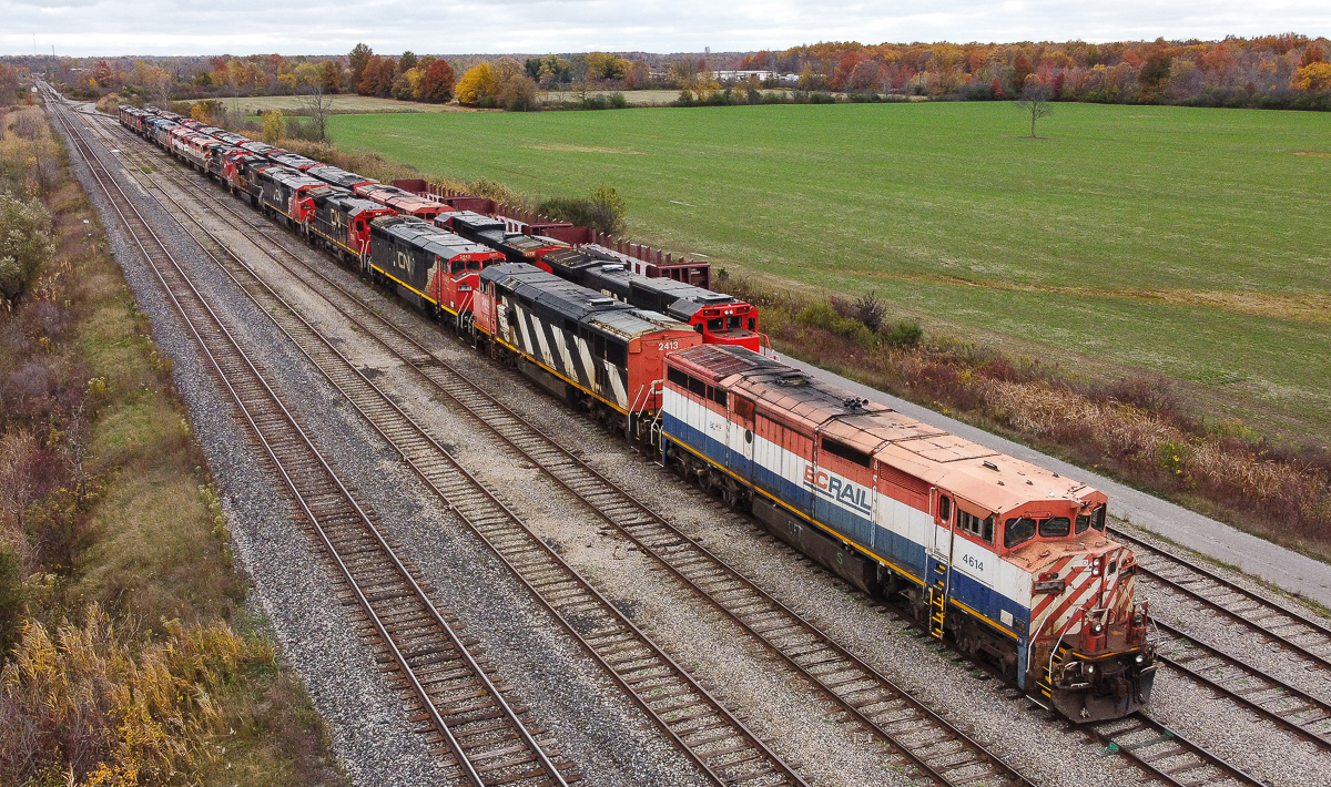 BCOL 4614 leads one of two tracks of dead locomotives at the CN Southern Yard in Welland Ontario back in October 2020.  This year CN has been purging a lot of its C40-8 fleet which includes CN C40-8M's, BCOL C40-8M's, CN C40-8's (ex CNW/UP), CN C40-8W's (ex ATSF/BNSF).  As I type this today all units are on the former Martech property in Welland being scrapped by K&K Scrap.Recently CN 2415 has lead CN A402 and it's lack of number boards has caught many peoples attention...the running theory is it spent some time in a deadline and someone got the boards off the unit like the ones in my picture.