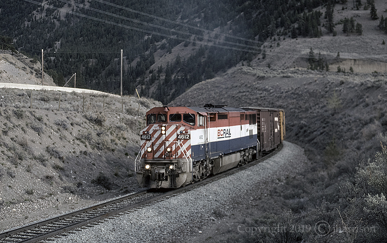 Northbound BCR C40-8M 4612, built in 1990. If my notes serve me correctly, the shot was taken at Glenfraser which is situated between Gibbs and Pavilion on what was once the "BCR" Lillooet Sub.