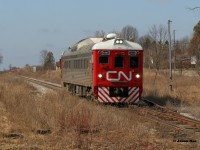 CN Track Evaluation RDC 1501 heads east through Baden on the Guelph Subdivision. Once at Kitchener the RDC traversed the Huron Park Spur before continuing east to Guelph. 