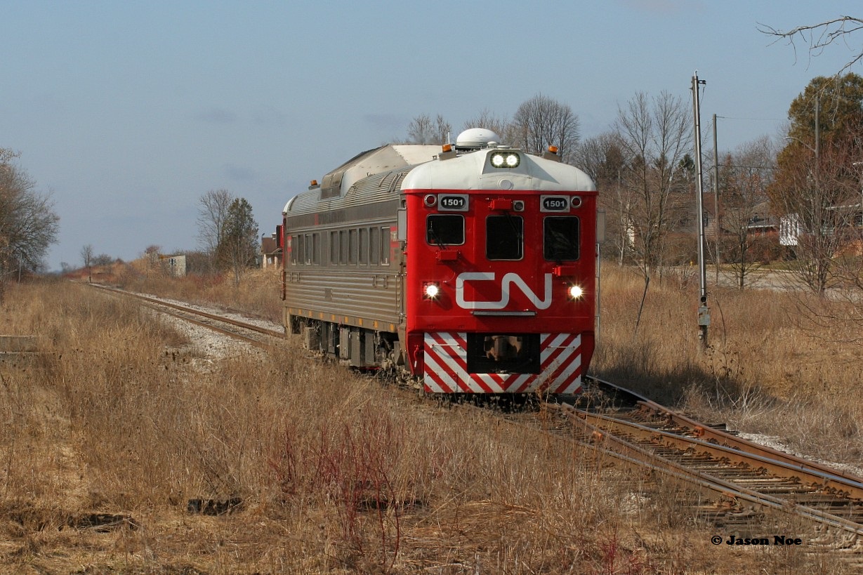 CN Track Evaluation RDC 1501 heads east through Baden on the Guelph Subdivision. Once at Kitchener the RDC traversed the Huron Park Spur before continuing east to Guelph.