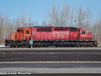 CP 5936 idles away in Smiths Falls after being dropped by 119 earlier in the week. CP 6024 is behind and was dropped off on a separate train a couple days prior.
The units would stay parked for a couple more days until they would be used to power yet another work train on the Winchester sub.
