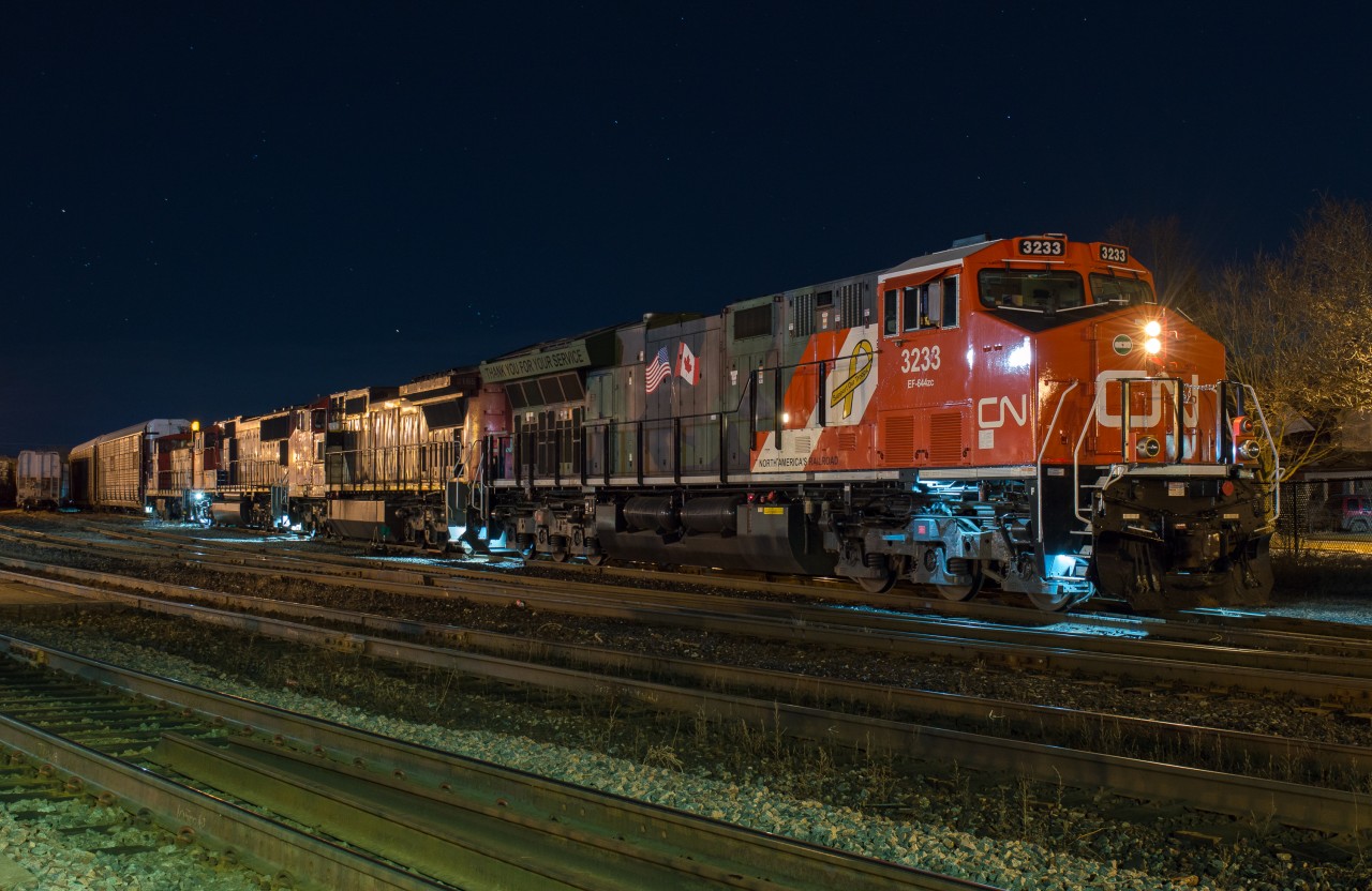 The time is 12:16am and CN 434 is seen working Brantford yard with CN 3233, CN 2165, CN 5800 and CN 1437.  It was cold and windy, but being able to photograph one of CN's two military tribute locomotives leading was worth it.