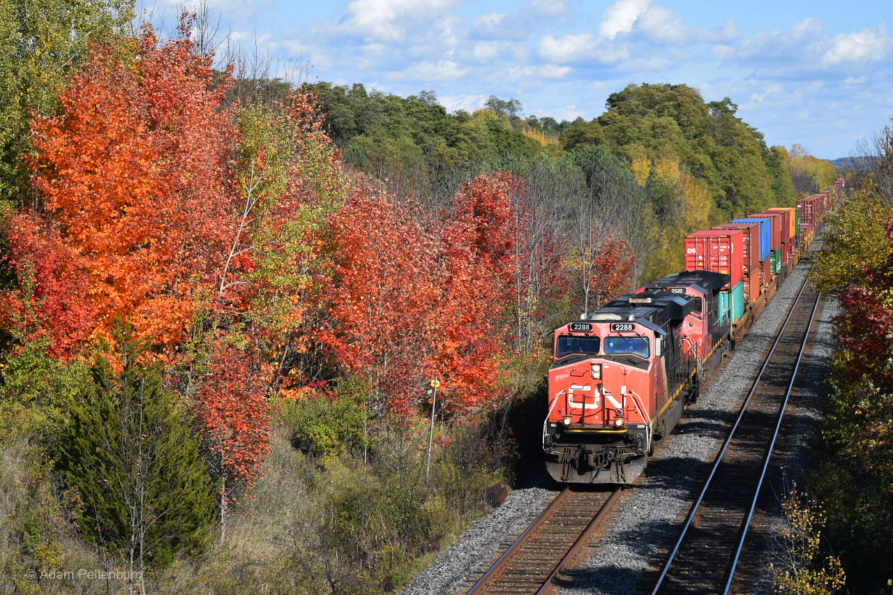 Besides using this website, I'll often use Google Earth to find new places to photograph trains. It's become a valuable tool of mine to plan my shots ahead of time. In this particular instance I found a pair of old wooden bridges in Wesleyville that carry Stacey Road over the parallel CN Kingston Subdivision and CP Belleville Subdivision. Sadly, Google's 2018 satellite imagery hadn't reflected the destruction of the Belleville Sub bridge yet, which I discovered on my first visit in the fall of 2020. I later heard from friends that its removal could be attributed to a massive hole that developed in the middle of the bridge. Now that the remaining bridge serves no real purpose I fear this will spell its end, similar to what happened at nearby Nichols Road years ago. Needless to say, I felt I had to get some shots in at this location while I could.


I returned about a week later when the fall colours were at their peak, which I think made this rather unremarkable location significantly better. A grove of trees on the left had decided to become some of the brightest orange I'd seen all season, so I went a little out of my way to include that in the shot. Funny enough, it almost perfectly matches the paint scheme of the CN locomotives. The train is Q147, which had only been running for about a month or two at that point.