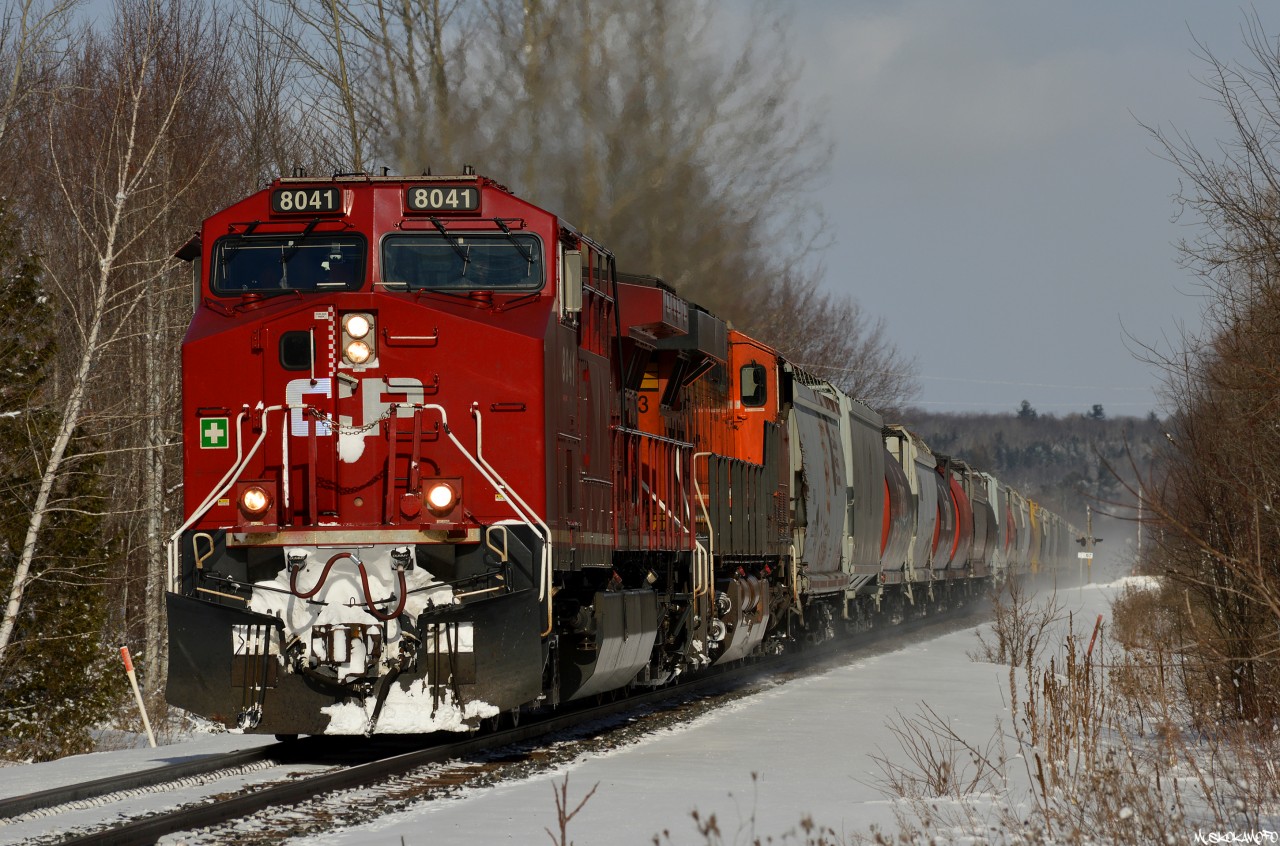 CP 8041 South about to fly through Line 10 just South of Medonte with a colorful ECAN "Winter Rail" grain train heading for the siding at Craighurst to meet an already waiting extra 421.