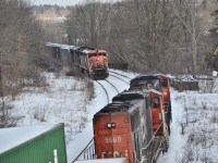 CN 435 and CN meet each other just West of the Paris trestle with 148 winning by a hair. Initially I was pretty upset being blind sided by 148, however it provided for a rather nice meet shot in the end. Can't win em all!