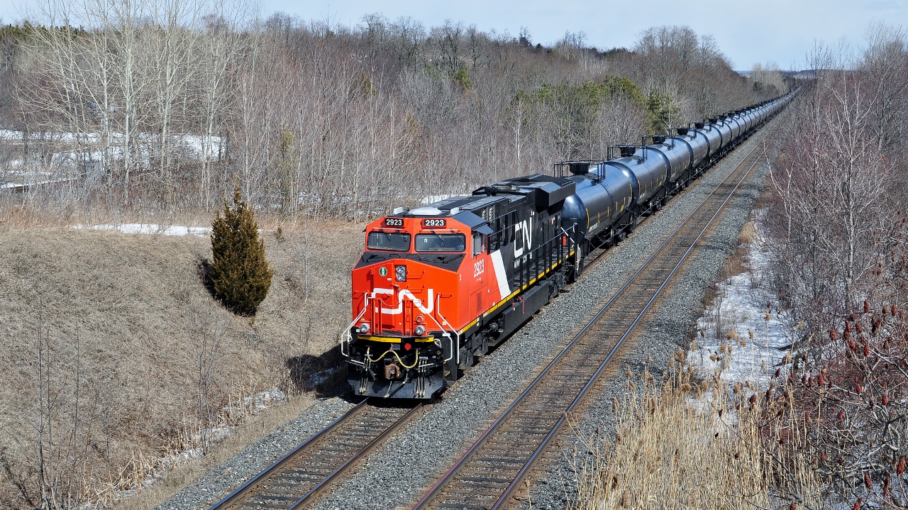 Crude East:  Nearly new  CN 2817 with DPU 2923, two GE GEVO-12 ES44AC's built January 2013 and December 2014, 
   

   are clear of the Newtonville cross overs, on approach to Wesleyville in the rolling Northumberland Hills


  At Stacy Road, March 18, 2015 digital by S.Danko


  Notable: Crude Oil by Rail volumes are ramping up significantly from the 2020 record low volumes, industry pundits are anticipating significantly more crude oil by rail volumes throughout 2021, and should Enbridge Line #5 – the main oil line through Michigan to Sarnia – goes down, oil ( and related products) and gasoline prices will change dramatically as will Crude Oil by Rail volumes.