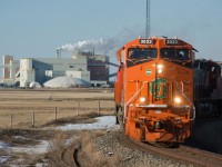 CN 3023 is seen backing an 838 axle train# 758 into the Nutrien potash mine near Allan Saskatchewan. After quadrupling their train away, the crew will begin putting together loads to head west with again.