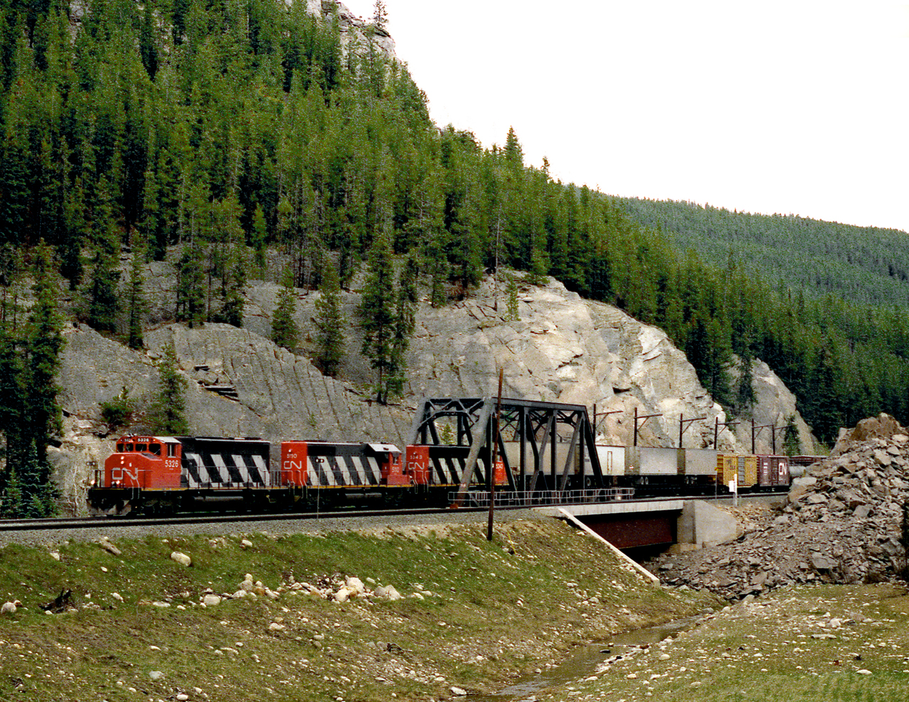 Westbound 201 just out of Jasper makes a crossing of the Miette River which it will follow to the Yellowhead Pass