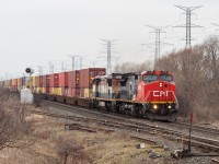 CN Z148 passes through the default signals just West of the Weston Road overpass with CN 2195 in the lead, an ex-ATSF C40-8W as well as BCOL 4611 trailing reversed. 