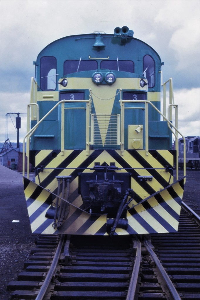 A front end shot of INCO 208-3 as it pauses on the shop track at Capreol, Ontario in June 1968 as it heads west toward its home base of Thompson, Manitoba.