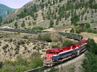 Southbound train 22 navigates the Paviliuon loops an the long 2% descent to the bottom of the Fraser Canyon at Lillooet