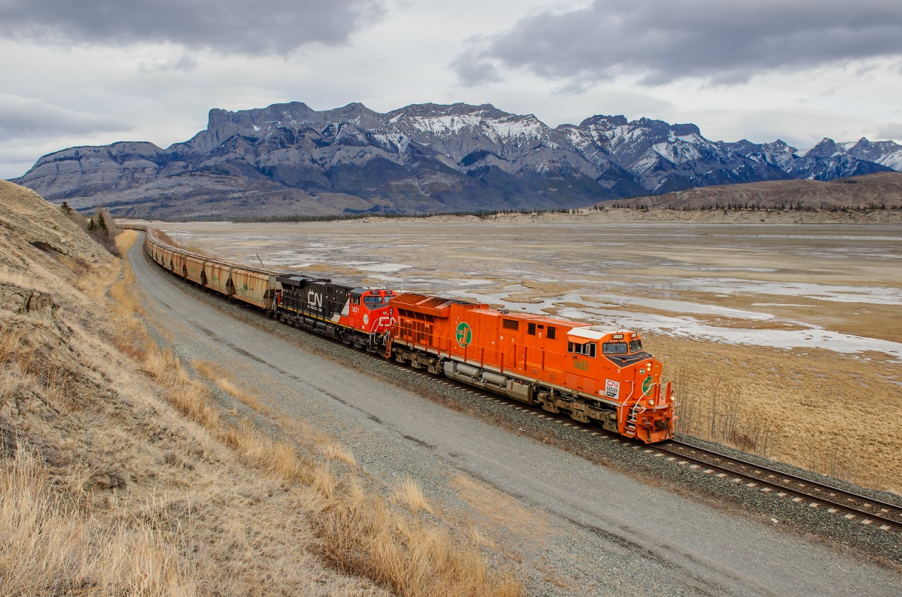 CN's EJE painted heritage engine leads 205 potash loads west on the Edson Sub between Devona and Henry House. This 29,310 ton train originated at the potash mine in Alwinsal, SK and is destined for Thornton Yard in Vancouver, BC.