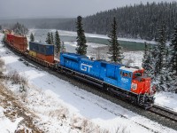 Painted in GTW blue and red, CN SD70M-2 8952 leads CN train Q19991 21 west on the Edson Sub between Solomon and Swan Landing. The sun decided to come out at a bad time, but I think it'll do!