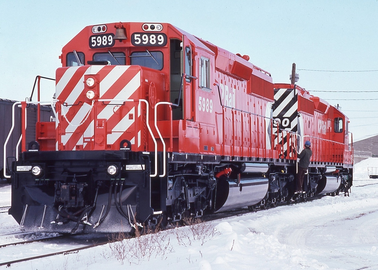 Factory Fresh GMD built SD40-2  CP Rail 5989 & 5990


  as of 2018 CP 5989 on CP's roster, with 5990 for sale by tender October 2019


  Special times at Quebec St., London, January 17, 1981 Kodachrome by S. Danko


  Notable:


   … once upon a time Canada had three major diesel locomotive manufacturers: CLC Kingston (F-M licensee), MLW Montreal ( ALCO licensee) and the diesel age GMD London (EMD licensee).....then due to market influences all moved through various permutations and with federal government policies ( absent, weak and/or lacking thereof).....all extinct


  ...GMD released units in bunches, see more new SD's, same weekend:


    DRF-30u
