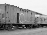 <br>
<br>
   Curious how fifties mainline classics find their way to remote rails.....
<br>
<br>
   Deep into the east St. Lawrence north shore,
<br>
<br>
   Cartier steam generator car #899  ( NSC built ) is coupled to the 
<br>
<br>
   Cartier Railway business car #847, a Budd 1949 built for NYC five bedroom – buffet – round end observation ex NYC #10560 BABBLING BROOK resides at the Cartier Railway shop – one of two ex NYC Brook series cars owned the Cartier,
<br>
<br>
  at Port Cartier, P.Q. ex CPR ' Seaview '  June 7, 1981 Kodak Tri X negative by S.Danko
<br>
<br>
  what's interesting: four of the seven ex NYC Brook series cars at one time or another were owned and operated in Canada by three owners.
<br>
<br>
   and surprise ! , the eighteen Budd built ' Park ' cars, assigned to ' The Canadian ' and ' Dominion '  were not the last CPR purchase of round end observation cars.
<br>
<br>
  in 1948 – 1949  Budd built for NYC seven "BROOK" series classics,  the four NYC ' Brook ' cars acquired 1959 by the CPR :
<br>
<br>
   Babbling Brook 10560  to  CPR ' Seaview' ;  to Cartier business car #847; to several private owners, and restored by current owner Webb Rail LLC as the 'Babbling Brook'
<br>
<br>
   Fall Brook 10562;  to  CPR ' Eastview';   to United Railway Supply Montreal in 1969; fire damaged currently for sale by Ozark Mountain Railcar
 <br>
<br>
  Plum Brook 10563;  to  CPR  'Riverview';   to  Cartier  business car #846;  to private owner (Bill Gray)
 <br>
<br>
  Singing Brook 10564 (10630);  to CPR ' Mountain View ';   to ACR #551  ' Canyon View '; to West Texas and Buffalo Steamship and Railway Company 'Dagny Taggart'
<br>
<br>
  In their seven year regular service CPR career two View cars each were assigned to Pool Trains 21 and 22 between Montreal and Toronto, and the other two View cars to the Pool Trains 33 and 34 between Ottawa and Toronto ( via the Havelock Sub). Initially, the Montreal View cars operated through to Hamilton with two other sleepers on No. 321, returning on No. 328. By 1966 all those trains were canceled and/or replaced by RDC's with the View cars in storage / for sale.
<br>
<br>
  Three of the four CPR View cars had standard size windows in the round end observation, except: ex NYC Singing  Brook 10564 (10630), with sisters ex NYC Sunrise Brook 10565 (10631) [ 1964 to private (Jones Properties) to NdeM] and  Wingate 10566 (10632) [ to Gateway Rail] all built with extra high observation end windows, the three high windowed Brook series originally assigned to NYC's  St.Louis to New York  'Southwestern Limited' 
<br>
<br>
  The four standard observation windowed Brook's ( three purchased by CPR), including Bonnie Brook 10561 (10670)  [sold 1964 to private party; to New Orleans NRHS],  were assigned to NYC's premier "New England States" and  'Ohio State Limited ' service.....and by 1957 all those NYC trains canceled / replaced.
<br>
<br>
  It was great to see, through the eighties – nineties, the extra high observation windowed ex CPR  'Mountain View'  nee NYC 'Singing Brook' on the Algoma Central as their #551 'Canyon View'.
<br>
<br>
  Really amazing that all seven of the NYC Brook observation classics survive today.
<br>
<br>
    sdfourty
  