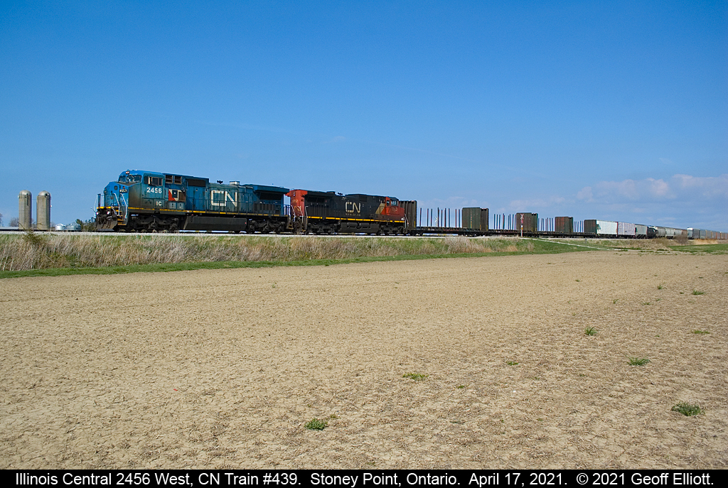 With only a couple of minutes to spare after shooting CP 8890 west on the CP Windsor sub, I was able to nab CN train #439 with IC 'Blue Devil' #2456 for a 4th time on the VIA Chatham Subdivision as it rolls through the Essex County country side on April 17, 2021.