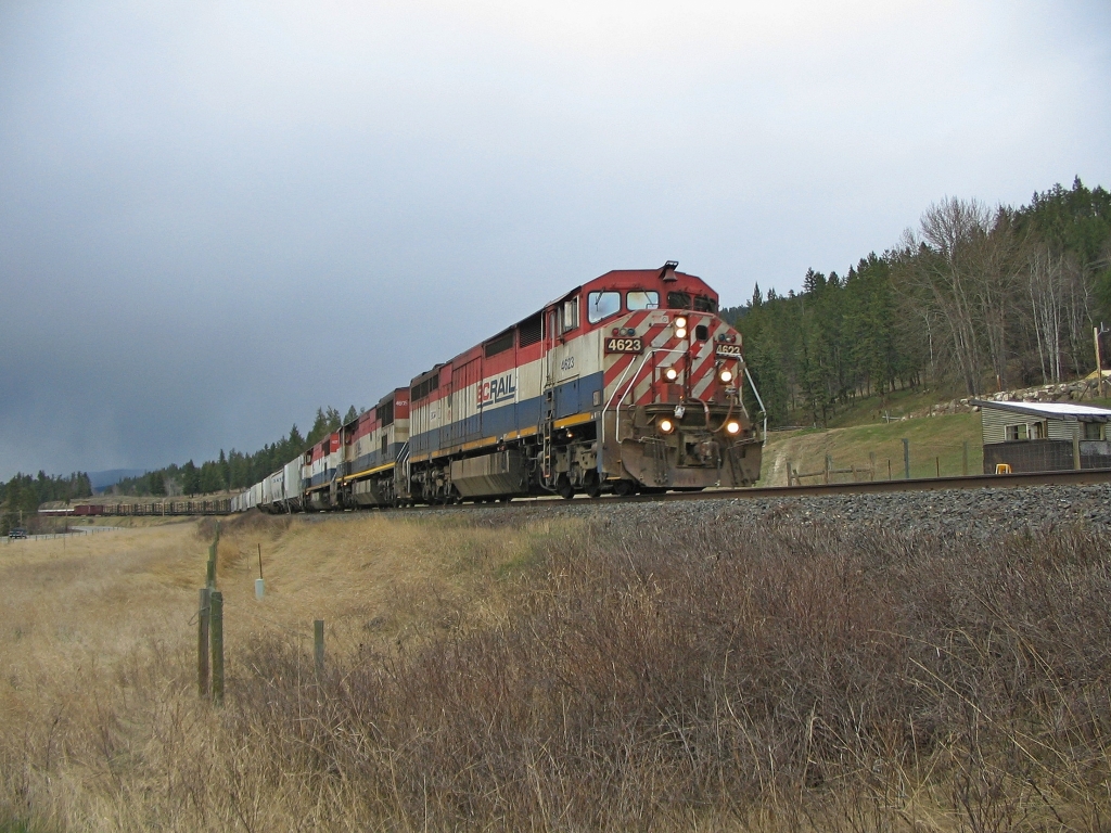 Train 570 romping along late afternoon with stormy weather on the way. This was taken at mile 347 on the BC Rail Prince George subdivision.  I could not get the mapping application to work for the lat/lon coordinates.