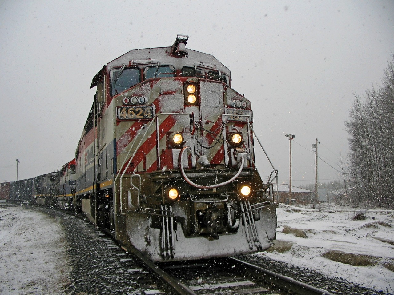 Oddly, I had the 4624 leading 13 years prior to the day that James Knott captured 4624 on the way to the scrap yard in Welland. http://www.railpictures.ca/?attachment_id=45076
We were switching the lumber mill at Dunkley, BC and a nasty snow squall blew through the area. I had a few minutes for photos and then back into the nice dry warm cab.
At least 4624 had a nice sunny day for it's last trip even though it was the end of the line for that loco. Wonder who got the number boards and class lights ???