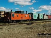 Former Algoma Central Railway caboose 9602 and several other pieces are seen at Wisconsin Central's Sault Ste. Marie yard in September 1995. 