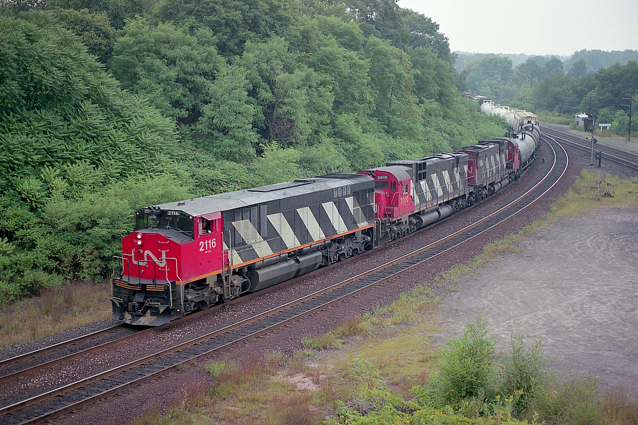 This is a nice 'power-up-front' combination. CN 2116, one of those "BBD Busts", of which most didn't last more than 15-16 years before being dealt off; leads MLWs C-630m 2010 and 2005 heading westward on their start up the long grade thru Copetown.
What is interesting in this photo is the hillside.  Most of the shots featured show people milling about on the property of the Royal Botanical Gardens, but in this image from 1989 the 'view from the top' is obliterated by the out of control hillside foliage. Hard to believe it is the same location.............
Interesting to note those delightfully cranky old (from a fan's point of view) MLWs outlasted the Bombardier fleet by 15 years!!