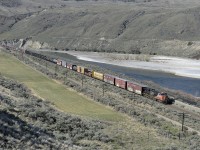 Eastbound CN 2800 is approaching Mile 56 on CPs Thompson Sub. The train is running parallel with CNs Ashcroft Sub and will shortly switch Subs and skirt the town of Ashcroft. 


I've never encountered a rattlesnake in my travels through this part of the province but ... the place is infested with ticks at this time of the year. 