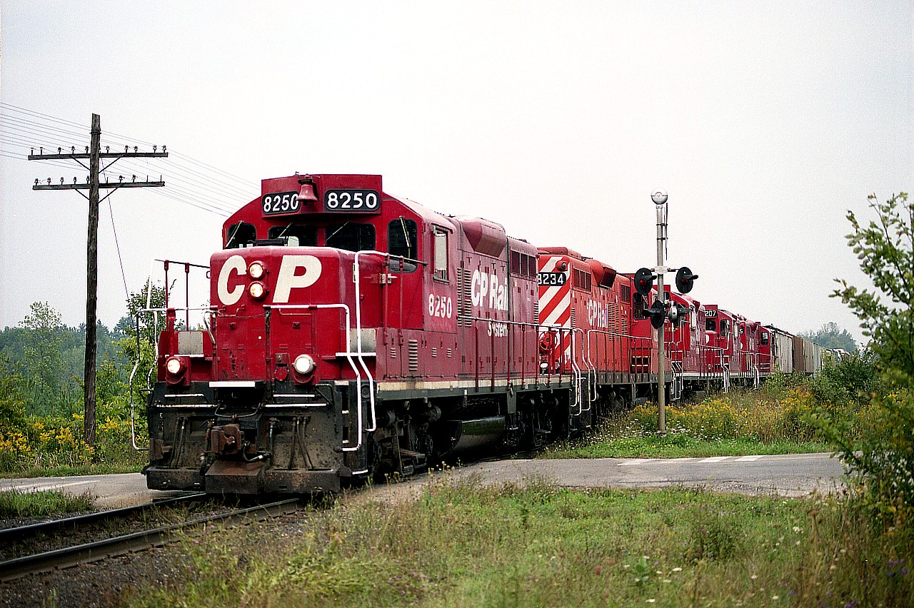 So I am wandering around in search of something to photograph on a decent warm day, and I hear while driving Campbellville Rd something has just cleared the(Guelph) Jct westbound.  I tore up Mountsberg Rd to the tracks 'just in case' it might be something other than a pair of GEs. Just barely got there ahead of it, and was surprised to see a string of GP9u locos up front.  CP 8250, 8234, 8211, 8207 and 8215. This thing was really moving! Here it is, some 16 years later; the onslaught of the behemoth GEs on CP has left these little GPs as just a memory.