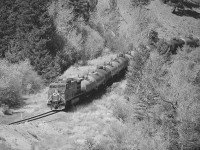 CP 9739 traveling westward on CNs Ashcroft Sub at approximate Mile 79. Photo was taken from the opposite side of the Thompson River at Mile 77 on CPs Thompson Sub.   