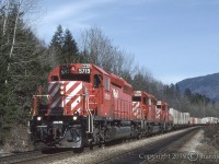 CP 5719 5829 and 5828 are running elephant style, and headed west at Harrison Mills on CPs Cascade Sub. 