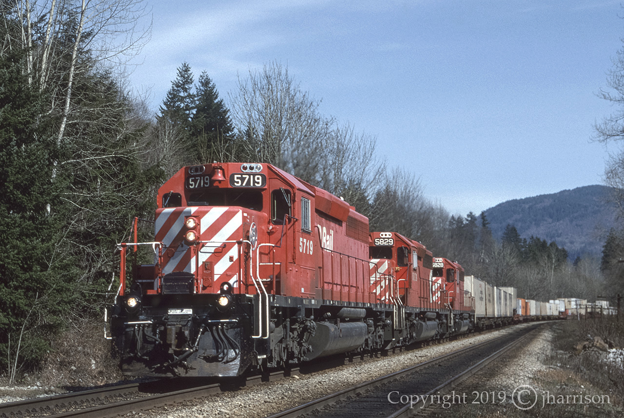 CP 5719 5829 and 5828 are running elephant style, and headed west at Harrison Mills on CPs Cascade Sub.