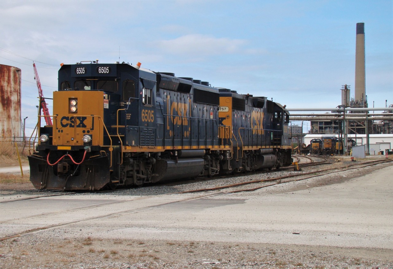 After bringing 67 cars of interchange back from CN, CSX 6505 and 2757 are seen here crossing Clifford St. before ending their day near the engine house in the background. The CSX Sarnia Sub. has some new local power, in the form of two GP40-3's numbered 6505 and 6547 (6547 is in the background sitting between GP38-2's 2570, 2799 & 2561). GP38 variants have been the main local power here for CSX for decades, so having a couple of GP40's around is certainly interesting. There's also a new customer along the line, as CSX is shipping out scrap from Ontario Hydro's Lambton Generating Station in Courtright. There were 12 Aim Recycling gons in there today, and they are supposed to be switched 2/3 times a week.