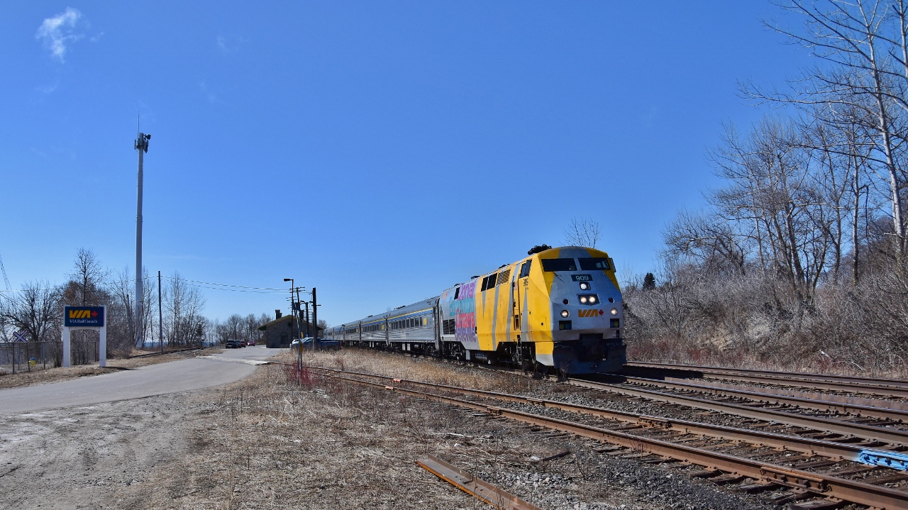 VIA #40, with Budd built coaches,  rolls by the GTR built Port Hope station


   In normal times, a busy place for Toronto commuters with daily stops by VIA trains 651, Saturday 655, 54, 48 and Sunday 648
   

   Currently served by trains 45 and 55.


   March 26, 2018 digital by S.Danko 


   Interesting: CN had slated the station for demolition, the town council called upon various interests including the Ontario Heritage Foundation, and in the mid 1980's the station was restored to the original 1881 appearance  


    Interesting: the Cameco spur in the foreground see regular use


    in the weeds     


    rider platform needed