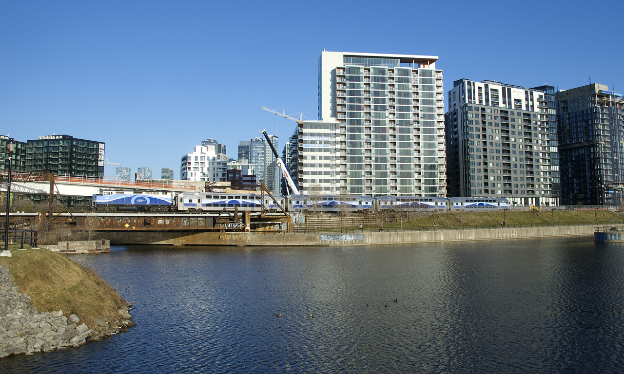 AMT 1342 pushes EXO 1202 from Mascouche past the Peel Basin. Until these trains were rerouted on CN's Montreal Sub a bit under a year ago (due to the closure of the Mount Royal tunnel), F59PH's had never operated through here.