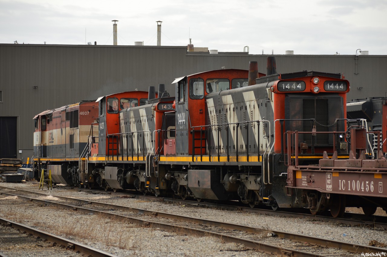 This is the first deadline I've ever seen idling! While all 3 units pictured show retired in the CN system, they've all been sitting here idling with batteries charged for a month and counting!  Taken by an off duty CN employee wearing all required PPE.