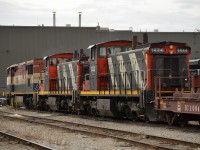 This is the first deadline I've ever seen idling! While all 3 units pictured show retired in the CN system, they've all been sitting here idling with batteries charged for a month and counting! <br> Taken by an off duty CN employee wearing all required PPE. 