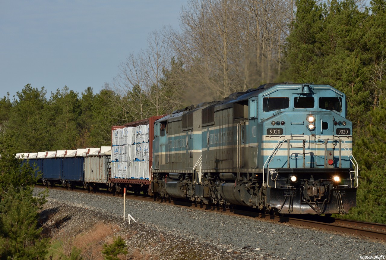 CMQ SD40-2F's 9020 and 9011 are right at home lugging a heavy GPS-16 over the MacTier sub with Sudbury freight for 246 on the head end, and a fresh load of Sudbury stone for the Hamilton sub as the tail end.