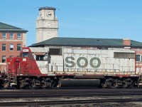 A well worn, 1978 built, SOO 4412 awaits its next trip on the shop tracks in Moose Jaw SK. 