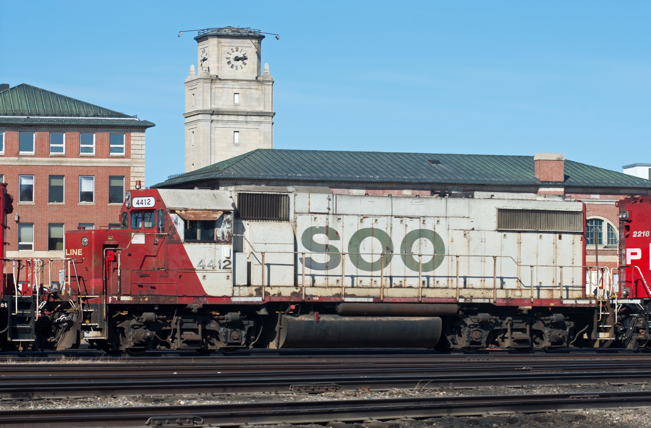 A well worn, 1978 built, SOO 4412 awaits its next trip on the shop tracks in Moose Jaw SK.