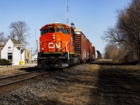 CN A401 passes the VIA shack in Wyoming on their way towards Sarnia. 5261 is one of two SD40-2Ws CN used for LNG testing several years ago.