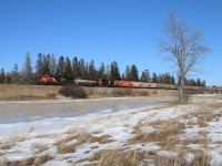 A colorful consist leads some potash cars and mixed freight passing mile 5 on the Sussex Sub heading to Saint John.